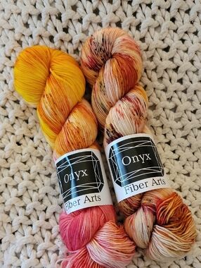 Onyx Fiber Arts Hand-Dyed Yarn - Yellow, Pink, Orange, and Brown Speckled